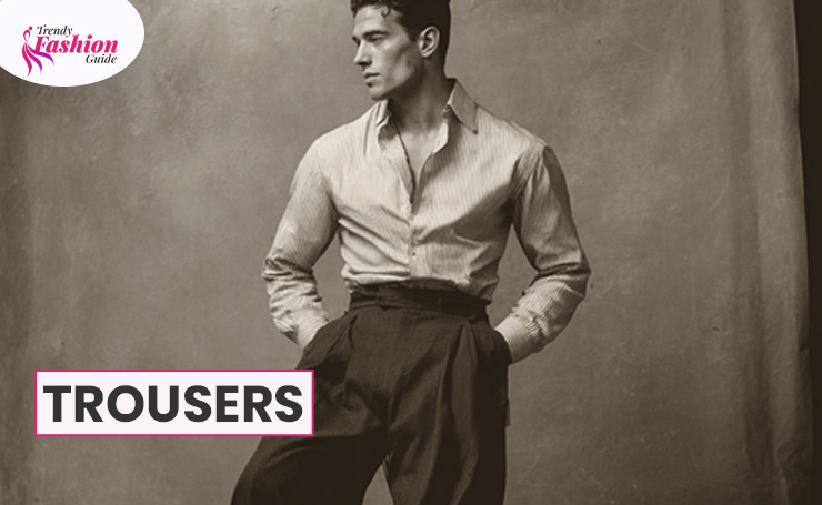 Trousers: The trousers were high-waisted, which emphasized the masculine silhouette of broad shoulders and a nipped waist.